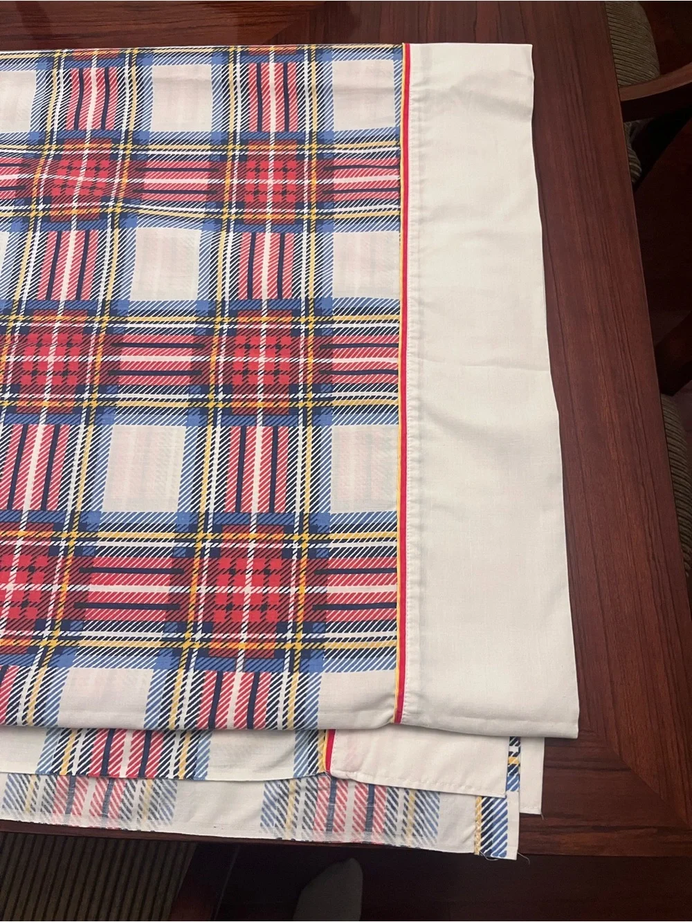 Vintage Plaid Cotton king size Flat sheet in Red, Blue, yellow & White